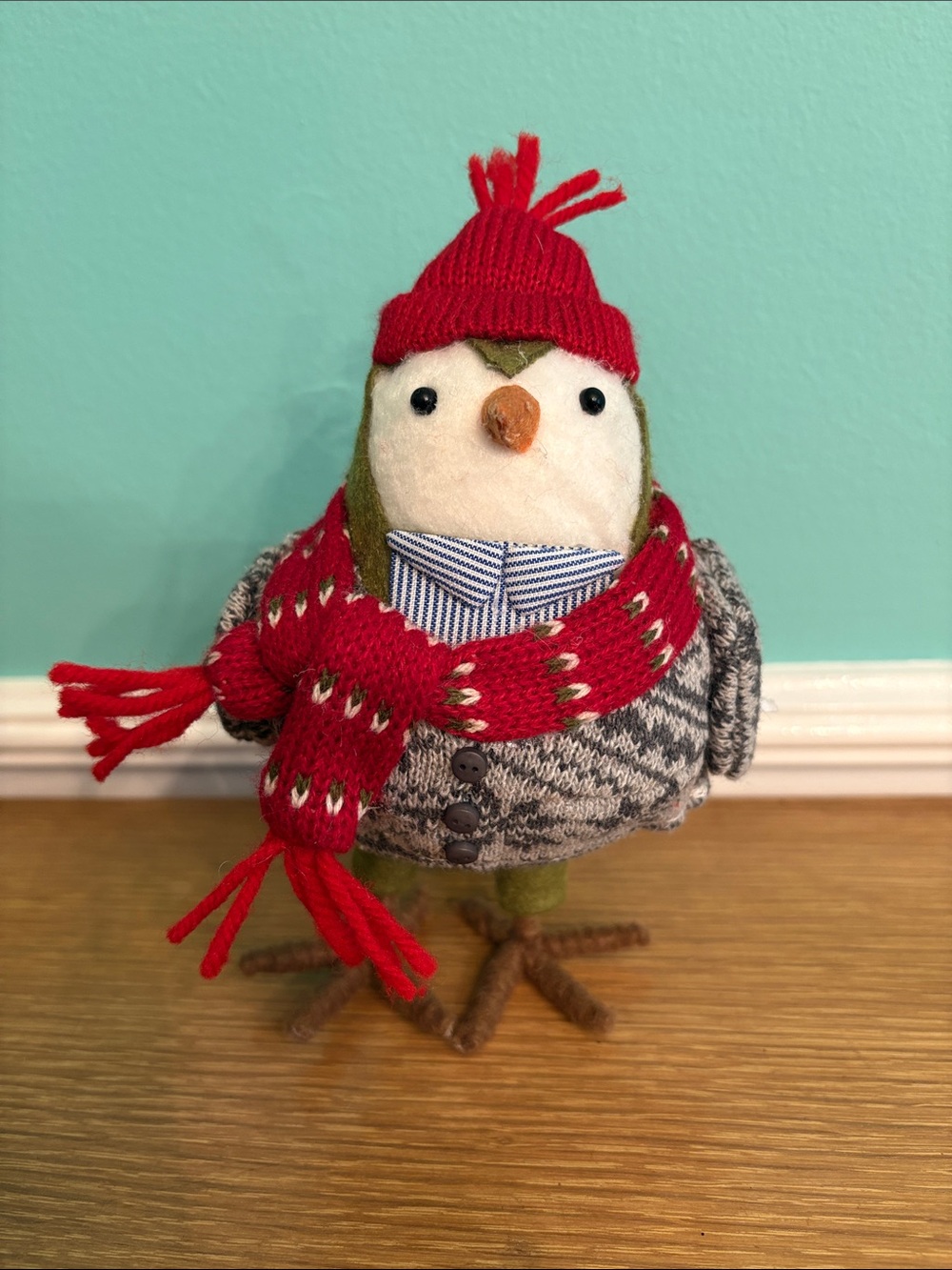 Green Decorative Felt Bird Figure With Hat and Sweater